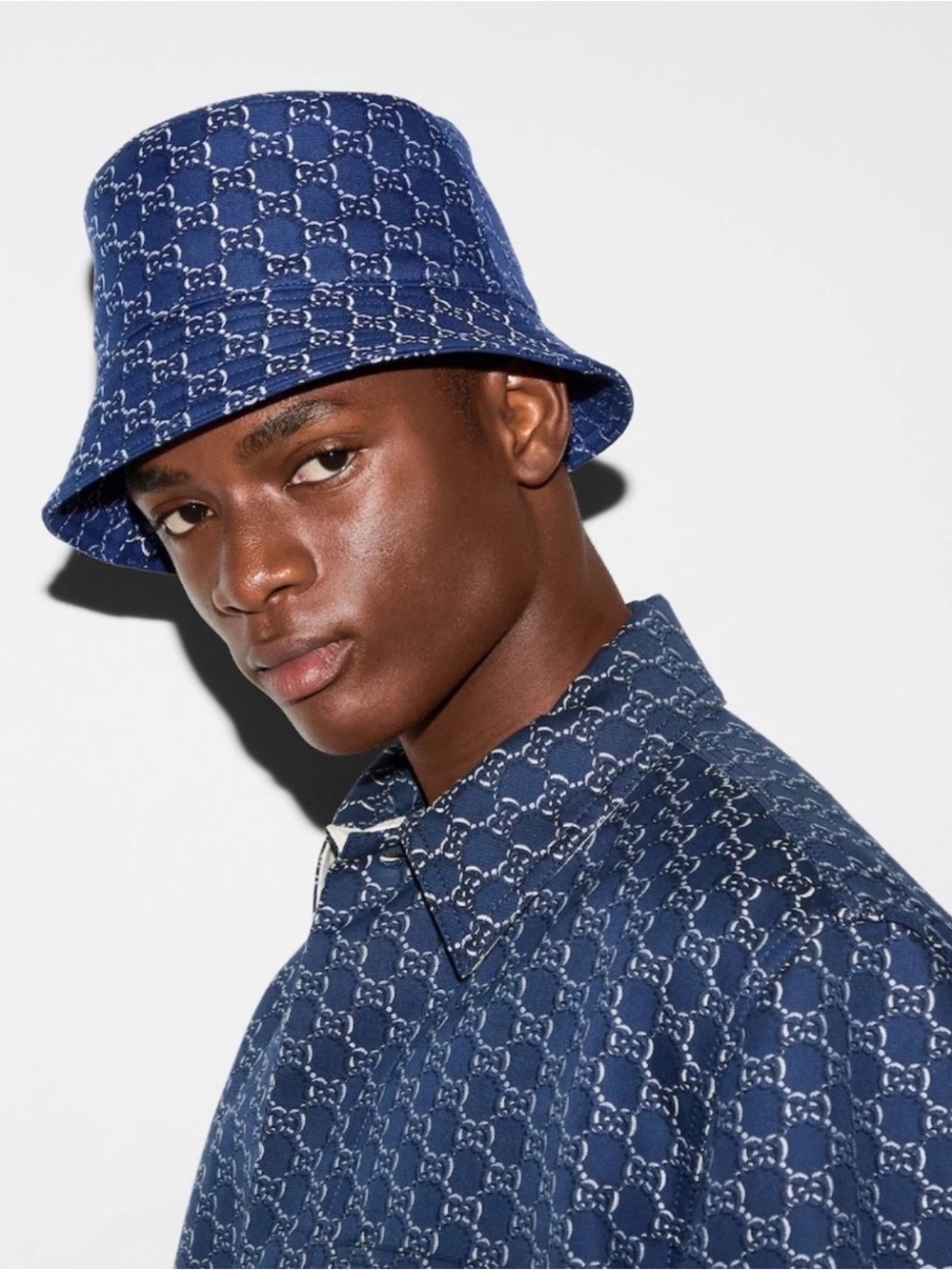 New Gucci GG monogram unisex cotton bucket hat, blue, size M